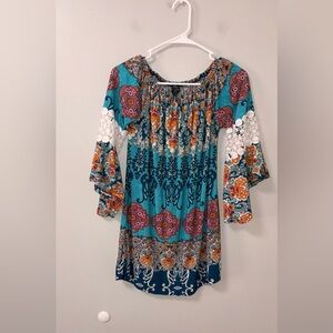 WinWin Pinwheel 1/2 Sleeve Tunic S/M Boho Geometric Bright Multicolored Hippie